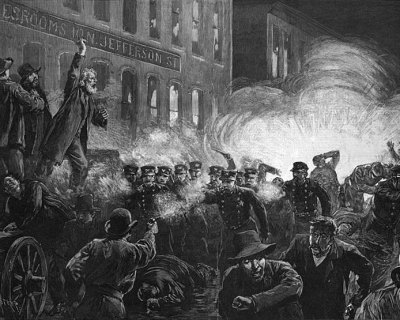 This engraving depicting the Haymarket riot by Thure de Thulstrup appeared in Harpers Weekly. 